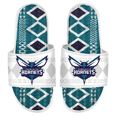 Men's ISlide White Charlotte Hornets Shooting Touch Rwanda Pattern Gel Slide Sandals