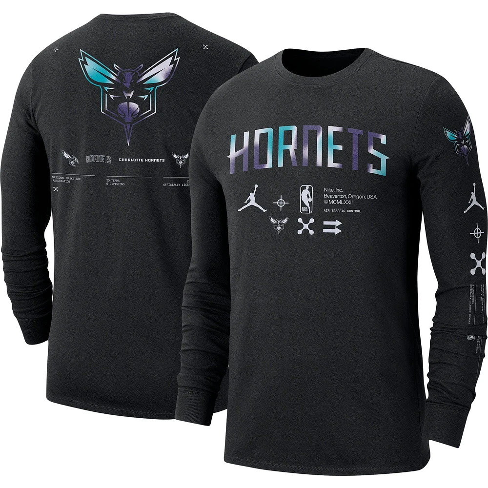 T-shirt à manches longues Charlotte Hornets Essential Air Traffic Control Jordan Brand pour homme, noir