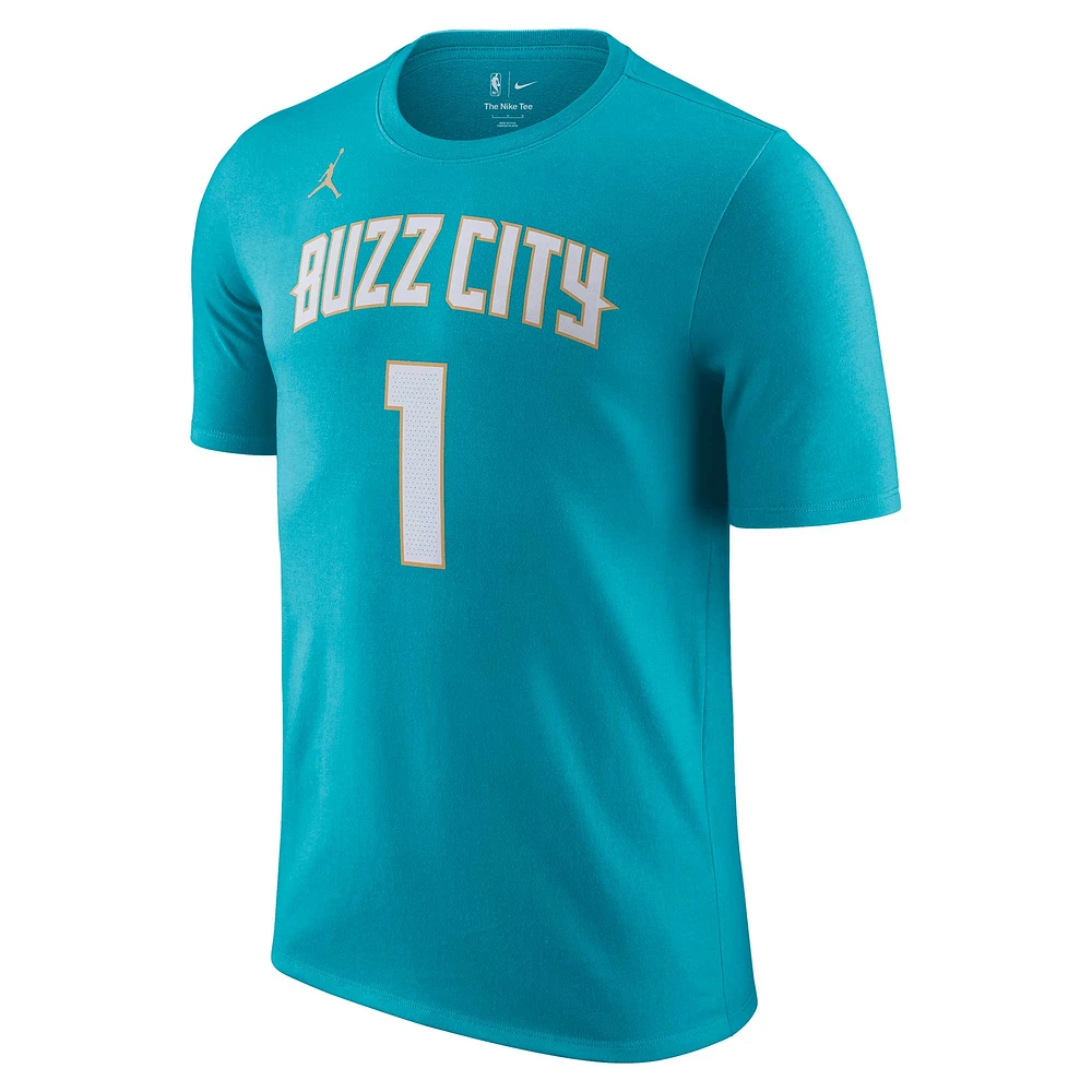 T-shirt avec nom et numéro Jordan Brand LaMelo Ball pour homme, bleu sarcelle, Charlotte Hornets 2023/24 City Edition