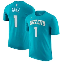 T-shirt avec nom et numéro Jordan Brand LaMelo Ball pour homme, bleu sarcelle, Charlotte Hornets 2023/24 City Edition