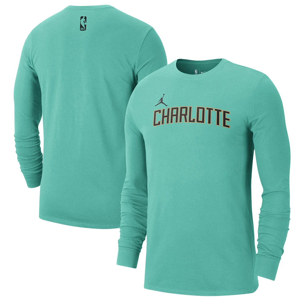 T-shirt à manches longues pour homme Jordan Brand Mint Charlotte Hornets 2024/25 City Edition Essential Logo