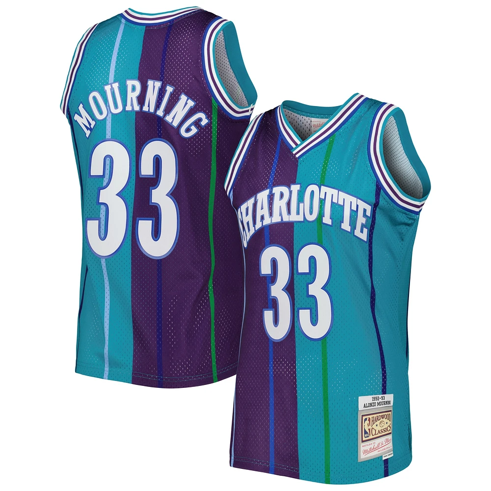 Maillot Swingman divisé Mitchell & Ness Alonzo Mourning pour hommes, sarcelle/violet, Charlotte Hornets Hardwood Classics 1992/93