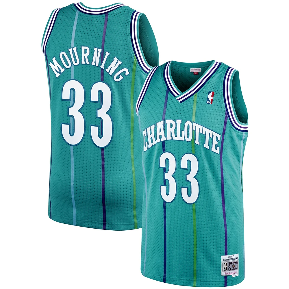 Men's Mitchell & Ness Alonzo Mourning Teal Charlotte Hornets 1992/93 Hardwood Classics Swingman Jersey