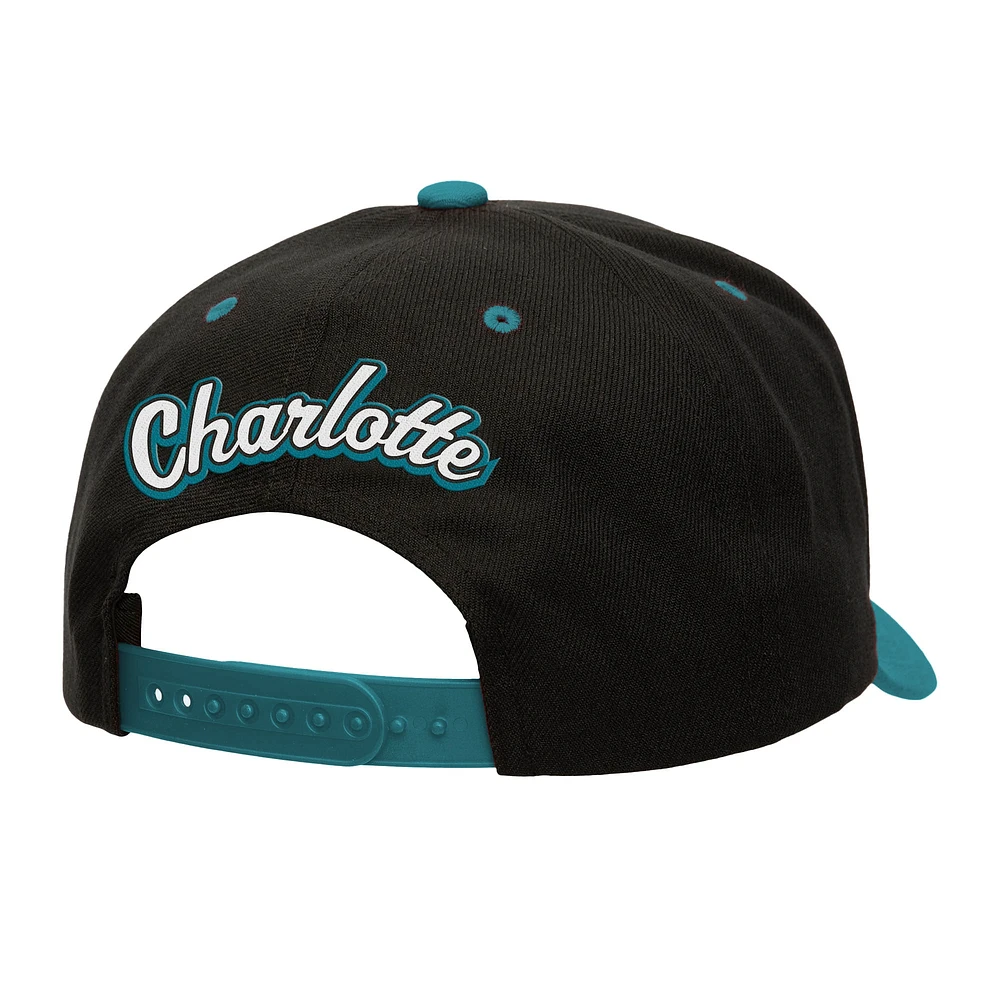 Men's Mitchell & Ness Black/Teal Charlotte Hornets Backside Script Two-Tone Pro Crown Adjustable Hat