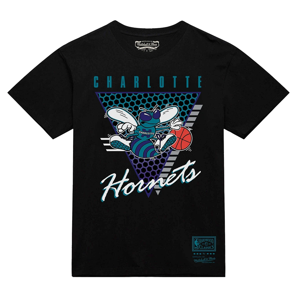 T-shirt noir à trois logos Mitchell & Ness Charlotte Hornets pour homme, collection mondiale