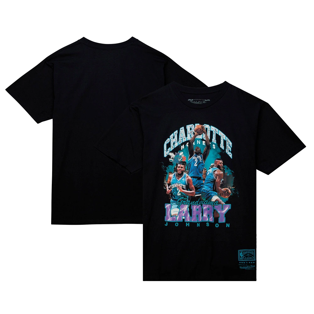 T-shirt pour homme Mitchell & Ness Larry Johnson Noir Charlotte Hornets Hardwood Classics Bling Concert Player