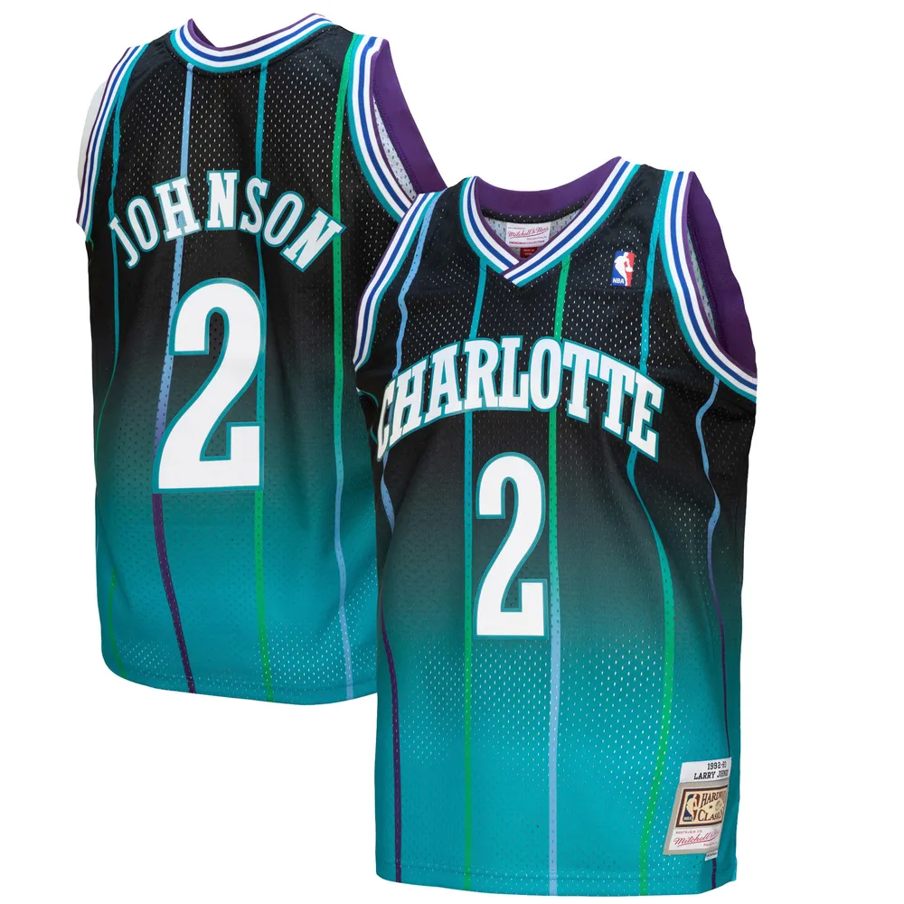 Mitchell & Ness Larry Johnson Charlotte Hornets Men's NBA Fadeaway Swingman 1992 Jersey Black/Blue (Medium)