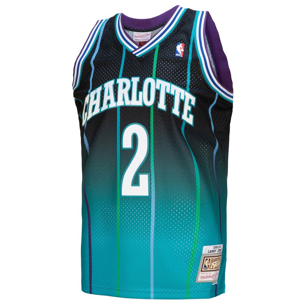 Men's Mitchell & Ness Larry Johnson Teal/Black Charlotte Hornets 1992/93 Hardwood Classics Fadeaway Swingman Player Jersey