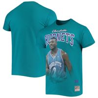 Men's Mitchell & Ness Larry Johnson Teal Charlotte Hornets Hardwood Classics Courtside Player T-Shirt