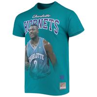 Men's Mitchell & Ness Larry Johnson Teal Charlotte Hornets Hardwood Classics Courtside Player T-Shirt