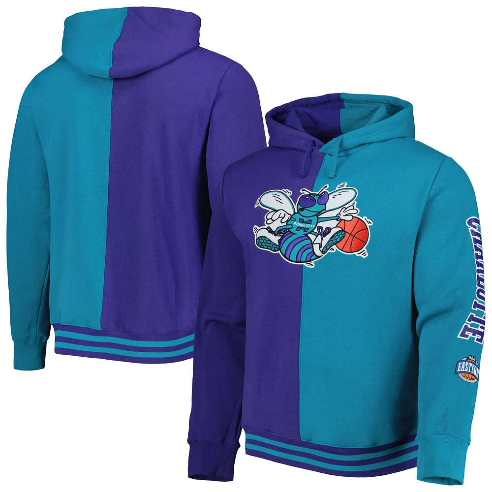 Sweat à capuche pour homme Mitchell & Ness violet/bleu sarcelle Charlotte Hornets Hardwood Classics Split