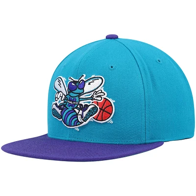 Casquette Snapback bicolore 2.0 Charlotte Hornets Hardwood Classics Team Mitchell & Ness pour hommes, bleu sarcelle/violet