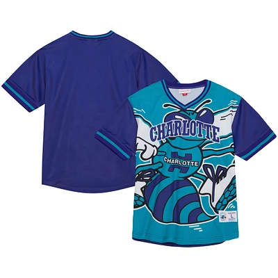 T-shirt à col en V maille Jumbotron 3.0 Charlotte Hornets de Mitchell & Ness pour hommes, bleu sarcelle