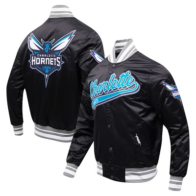 Men's Pro Standard Black Charlotte Hornets Script Tail Full-Snap Satin Varsity Jacket