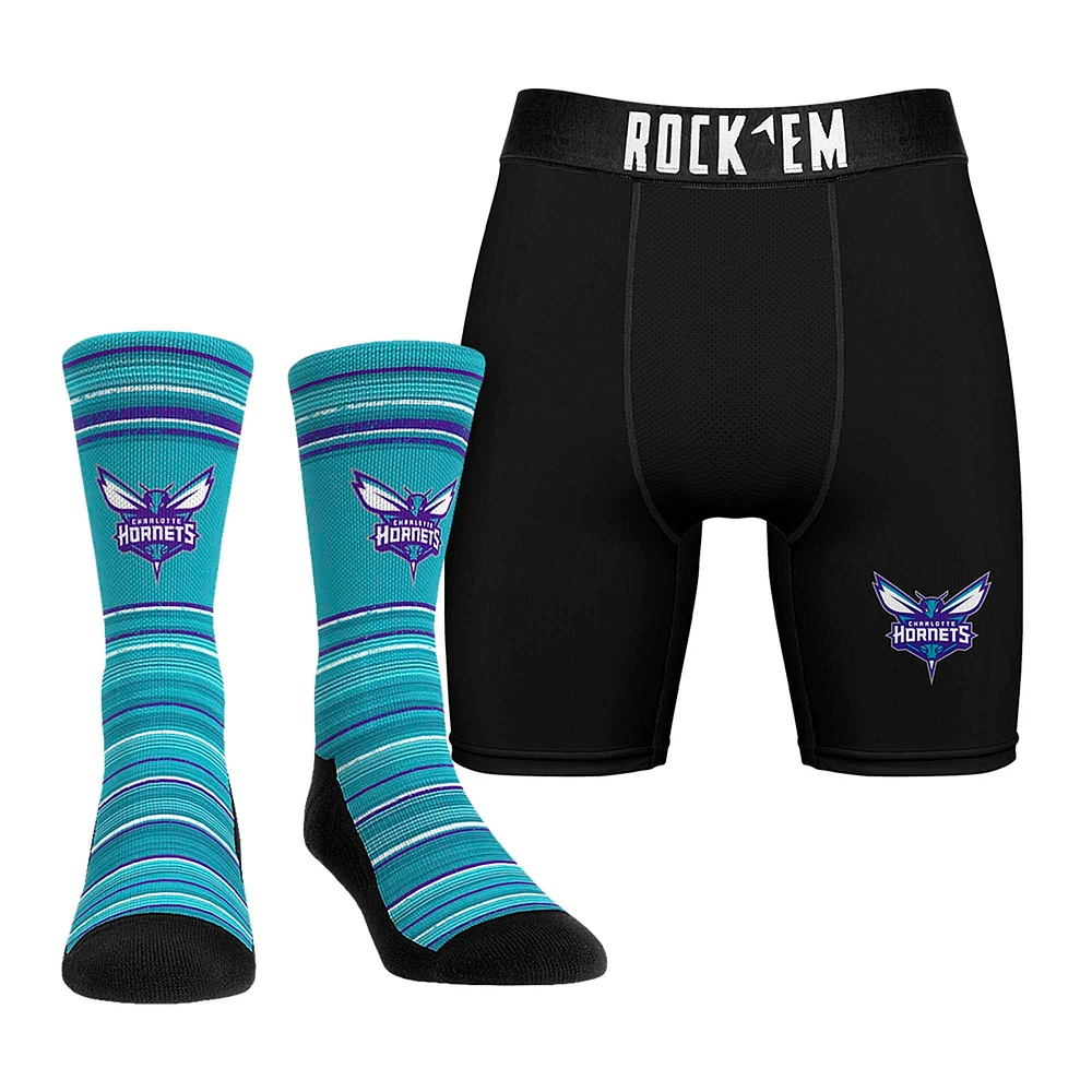 Pack combiné de chaussettes et caleçons boxeurs Rock Em Socks Charlotte Hornets Primary Crew pour hommes