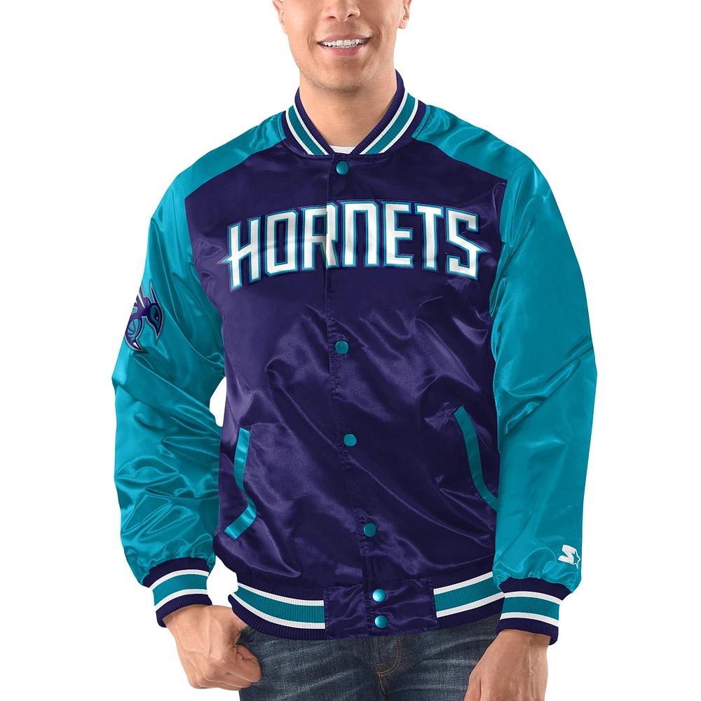 Veste universitaire à bouton-pression en satin Renegade Charlotte Hornets Starter violet/bleu sarcelle pour hommes