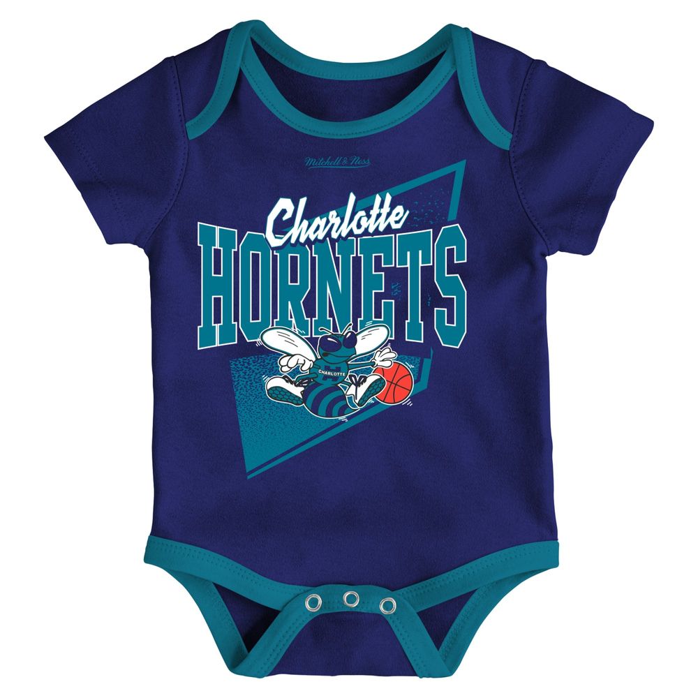 Newborn & Infant Mitchell Ness Purple/Teal Charlotte Hornets 3-Piece Hardwood Classics Bodysuits Cuffed Knit Hat Set