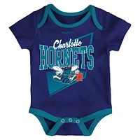 Newborn & Infant Mitchell Ness Purple/Teal Charlotte Hornets 3-Piece Hardwood Classics Bodysuits Cuffed Knit Hat Set