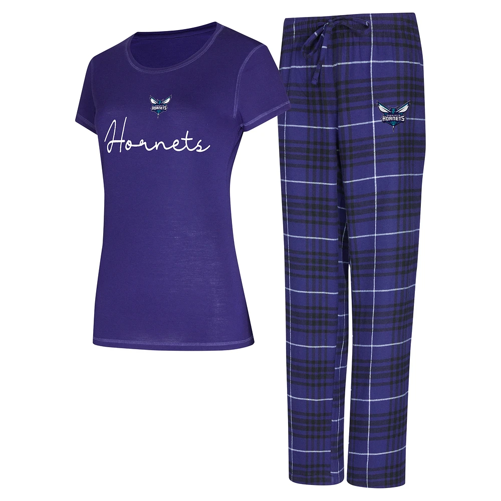 Ensemble de nuit pour femme avec t-shirt et pantalon en flanelle Charlotte Hornets Vector violet/noir Concepts Sport