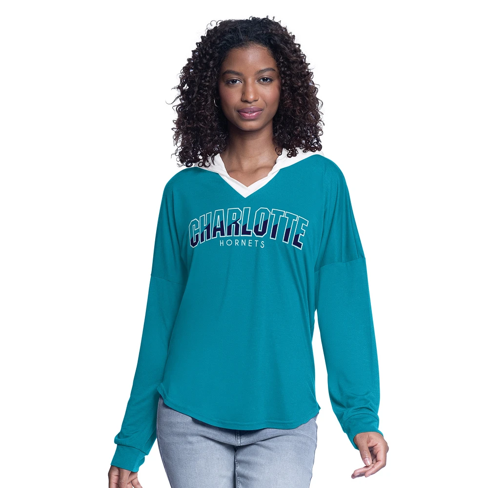 Women's G-III 4Her by Carl Banks Teal Charlotte Hornets Bench Player Oversized Long Sleeve Hooded Top