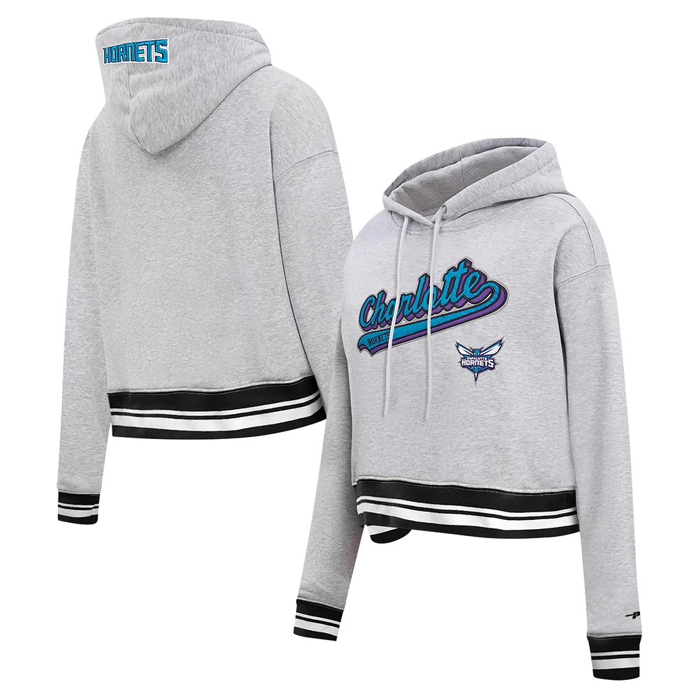 Women's Pro Standard Heather Gray Charlotte Hornets Script Tail Cropped Pullover Hoodie