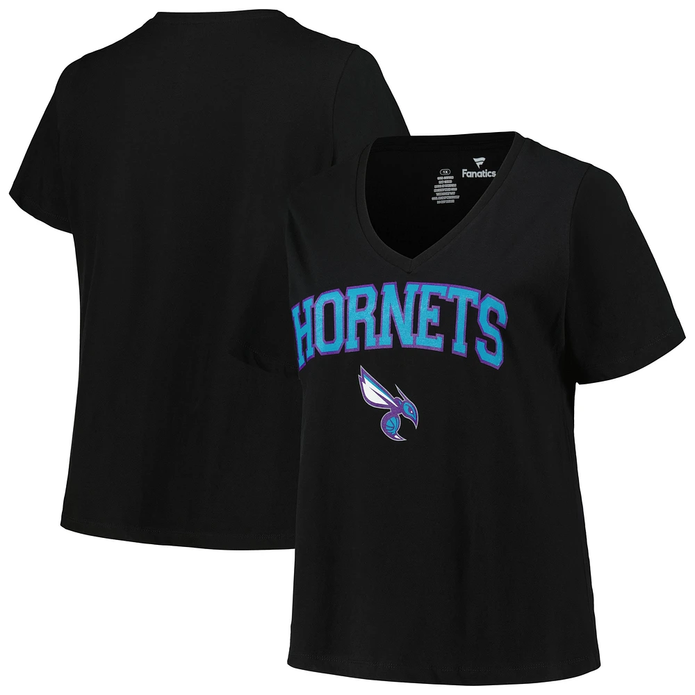 T-shirt à col en V pour femmes, profil, Charlotte Hornets, grande taille, arc sur logo, noir