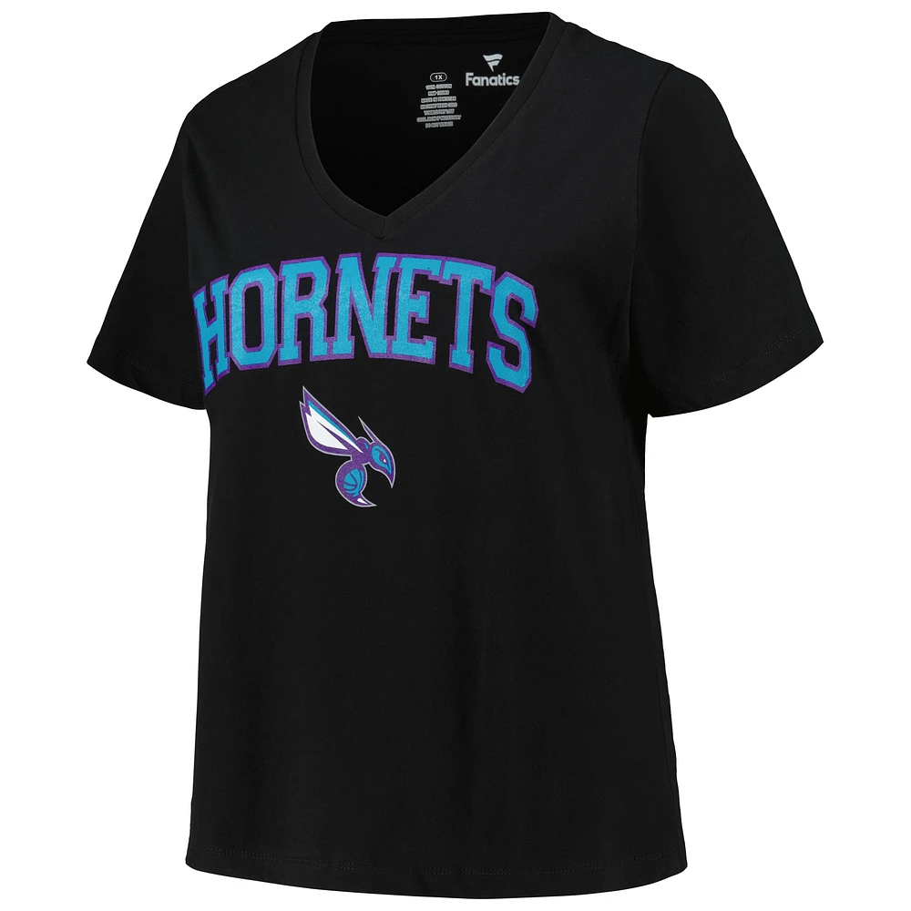 T-shirt à col en V pour femmes, profil, Charlotte Hornets, grande taille, arc sur logo, noir