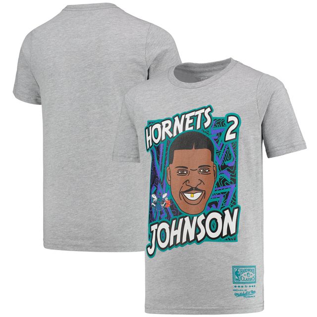 T-shirt pour jeune Mitchell & Ness Larry Johnson Gris Charlotte Hornets Hardwood Classics King of the Court Player