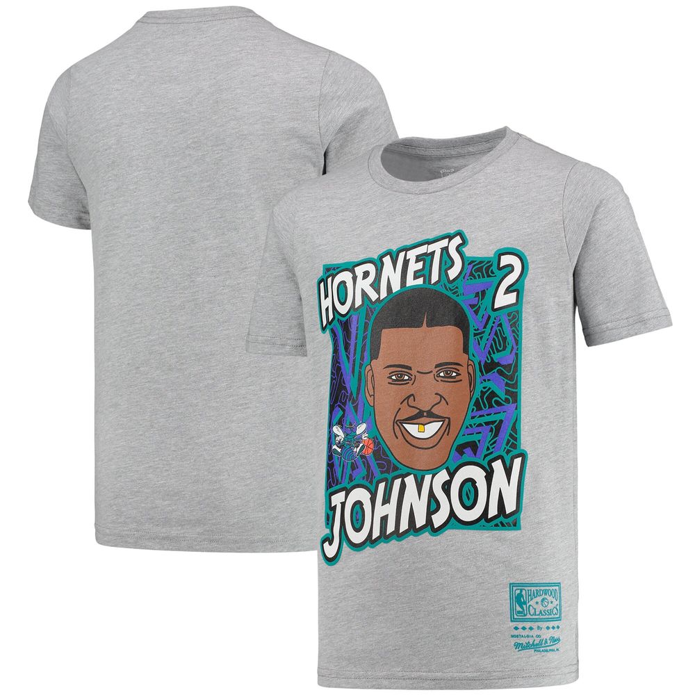 Youth Mitchell & Ness Larry Johnson Gray Charlotte Hornets Hardwood Classics King of the Court Player T-Shirt