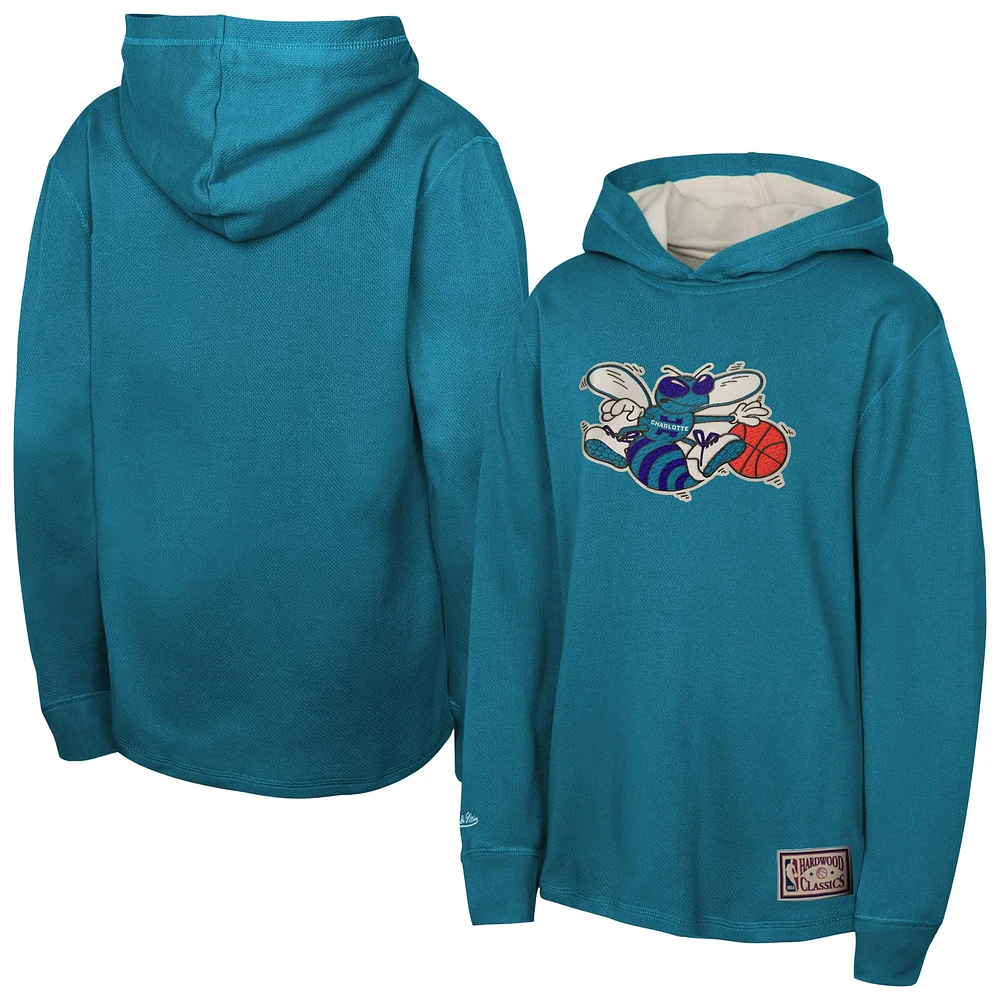 Youth Mitchell & Ness Teal Charlotte Hornets Hardwood Classics Lightweight Thermal Long Sleeve Hoodie T-Shirt