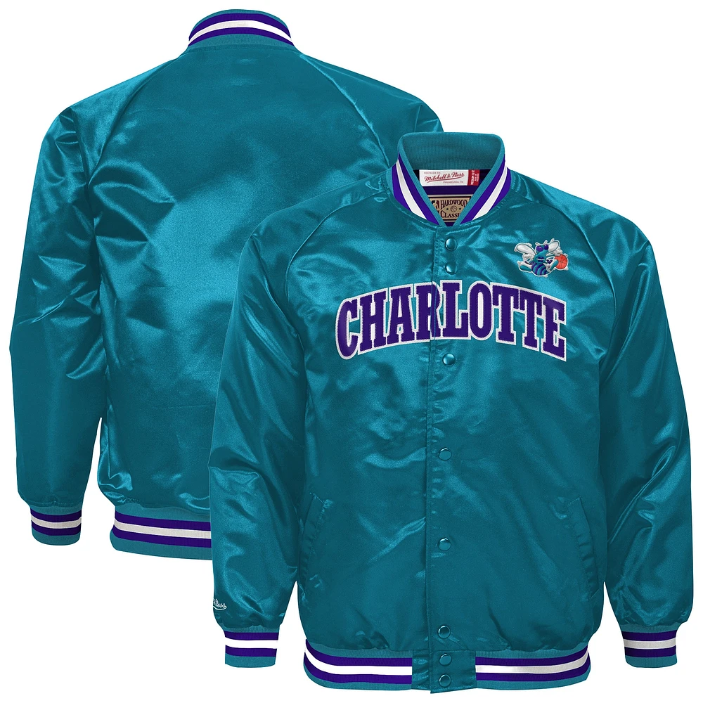 Youth Mitchell & Ness Teal Charlotte Hornets Hardwood Classics Satin Raglan Full-Snap Jacket