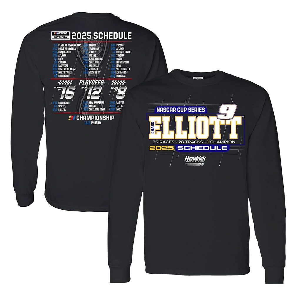 T-shirt à manches longues noir pour homme de la collection Hendrick Motorsports Team Chase Elliott 2025 NASCAR Cup Series Schedule