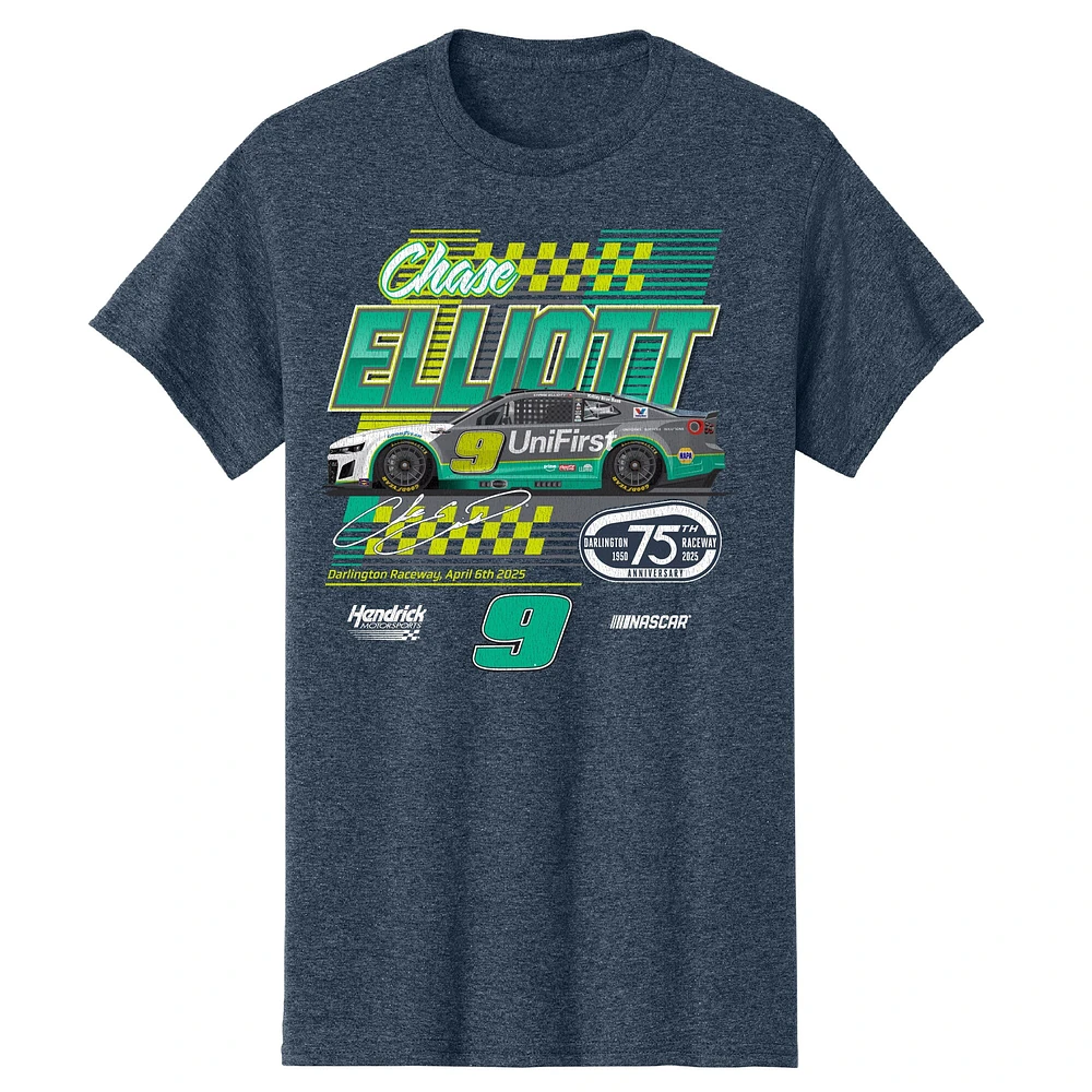 T-shirt rétro pour homme de la collection Hendrick Motorsports Team, bleu marine chiné, Chase Elliott UniFirst Darlington