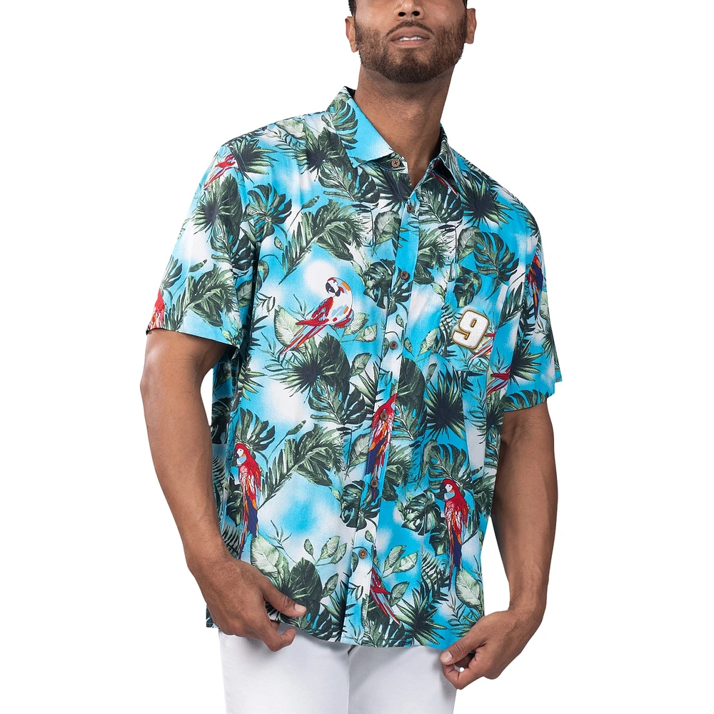 Chemise boutonnée Margaritaville Chase Elliott Jungle Parrot Party pour hommes bleu clair