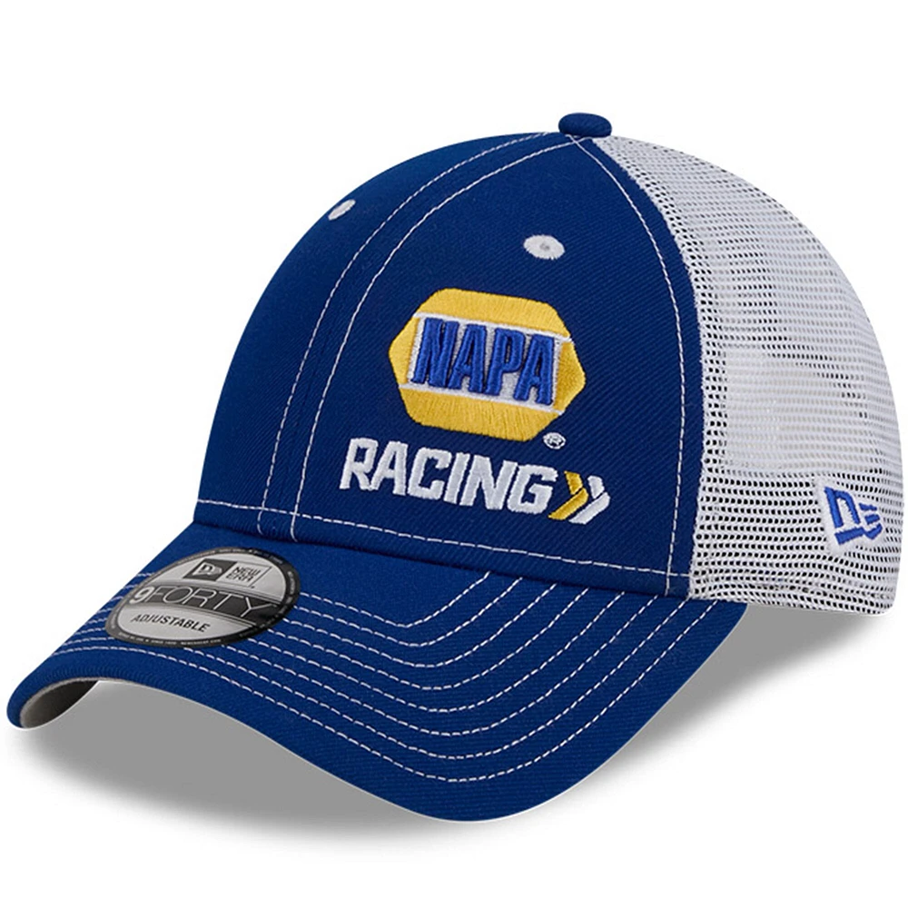 Casquette ajustable Chase Elliott NAPA 9FORTY Trucker New Era pour hommes, bleu royal/blanc