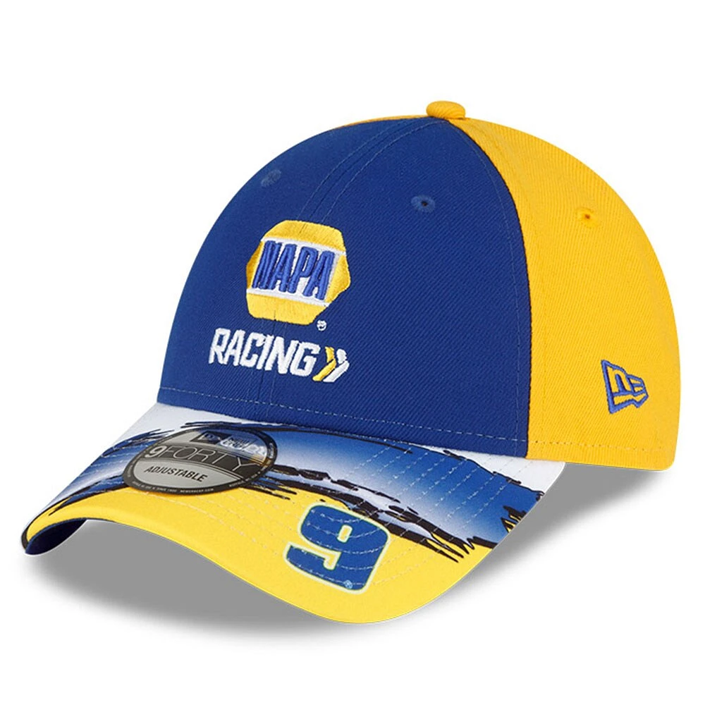 Casquette ajustable à visière 9FORTY NAPA Visor Streak Snapback Chase Elliott Royal/Jaune New Era pour homme