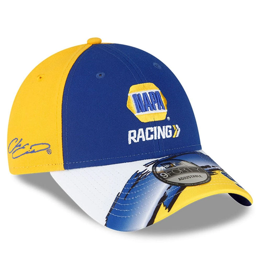 Casquette ajustable à visière 9FORTY NAPA Visor Streak Snapback Chase Elliott Royal/Jaune New Era pour homme