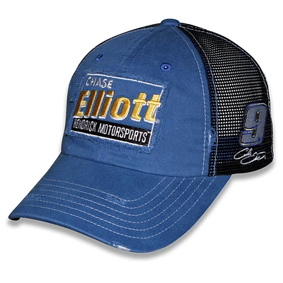 Casquette de camionneur unisexe ajustable avec drapeau à damier et patch vintage Chase Elliott bleu