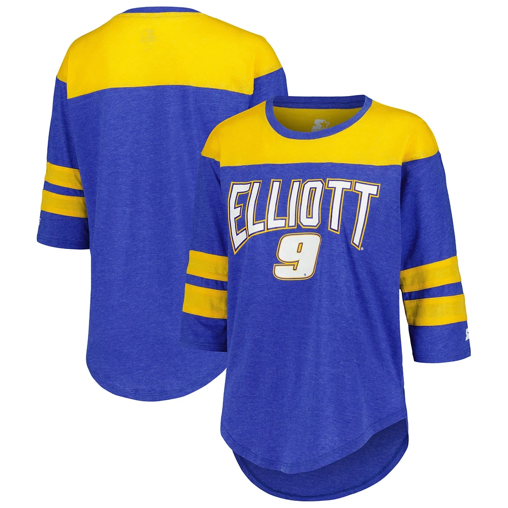 Women's Starter Royal Chase Elliott Full Back Block 3/4-Sleeve Tri-Blend Top