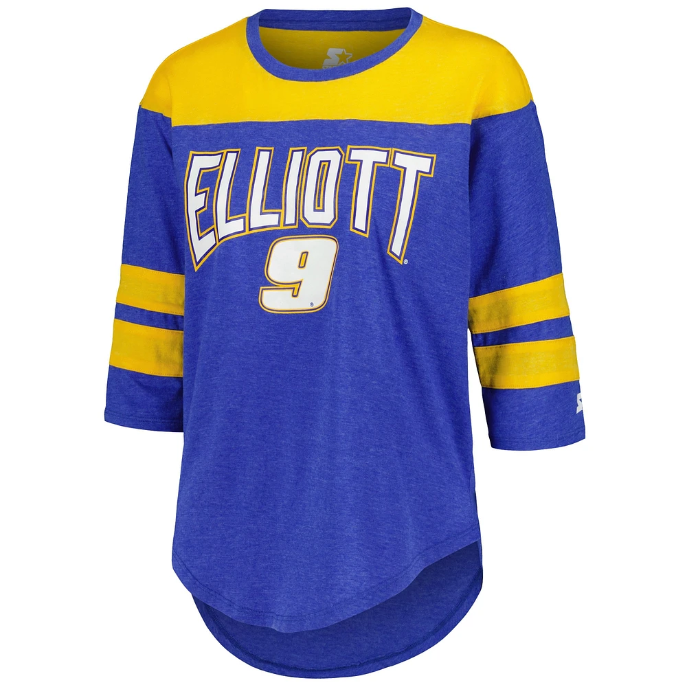 Women's Starter Royal Chase Elliott Full Back Block 3/4-Sleeve Tri-Blend Top