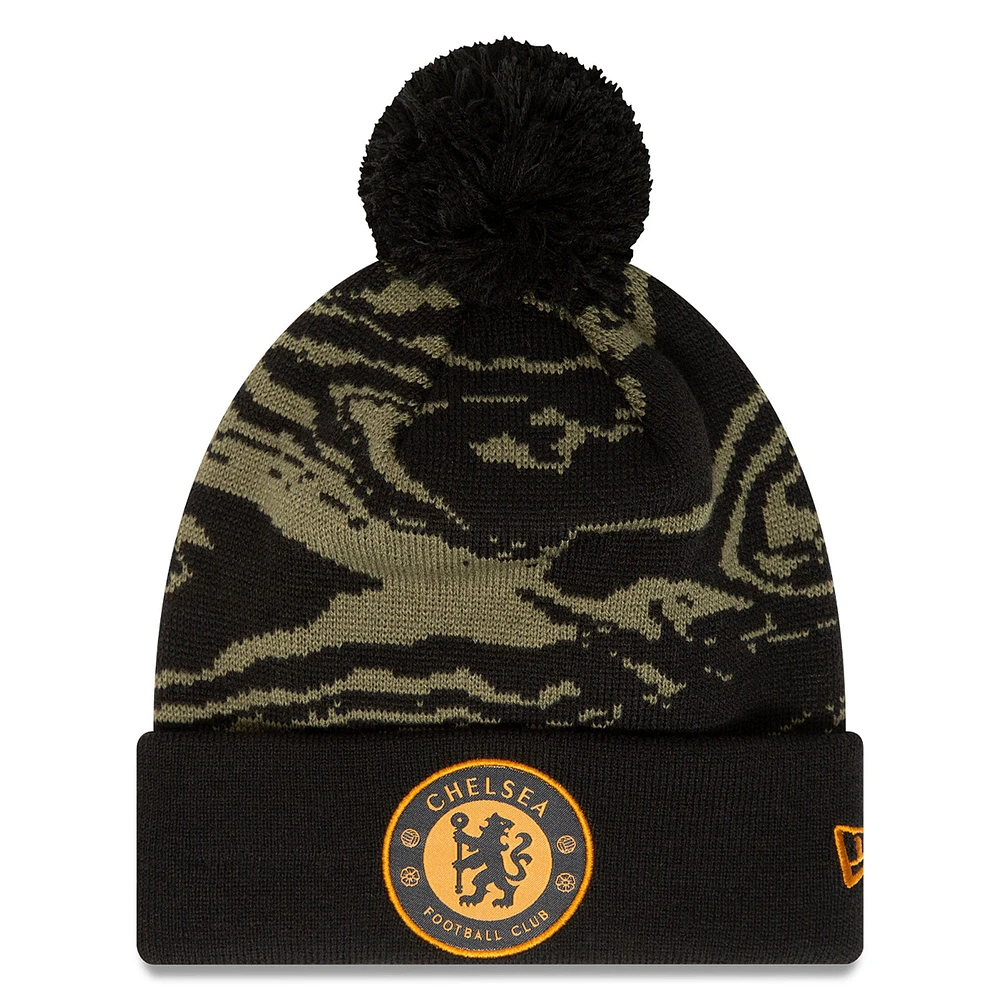 Bonnet en tricot noir à revers avec pompon et imprimé Chelsea New Era