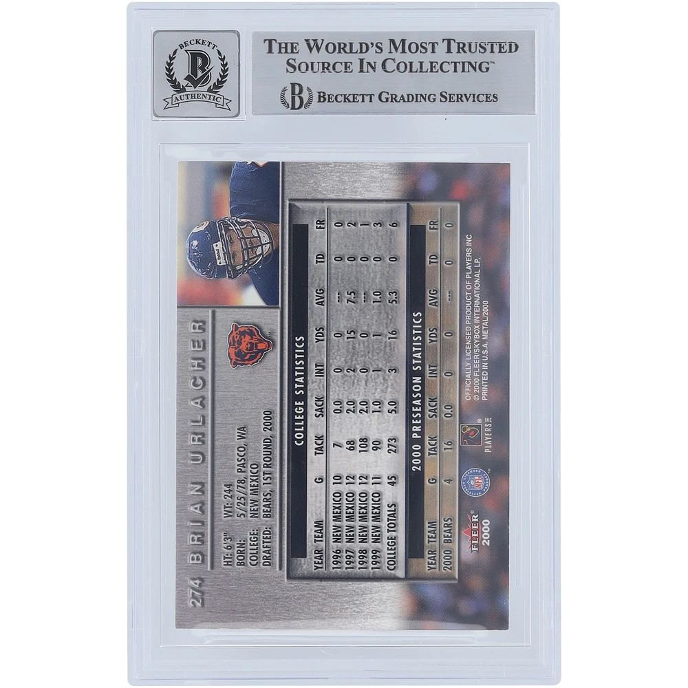 Brian Urlacher Chicago Bears Autographed 2000 Fleer Metal #274 Beckett Fanatics Witnessed Authenticated 9/10 Rookie Card