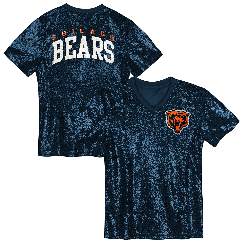 Haut à col en V sequins avec inscription Chicago Bears bleu marine pour fille