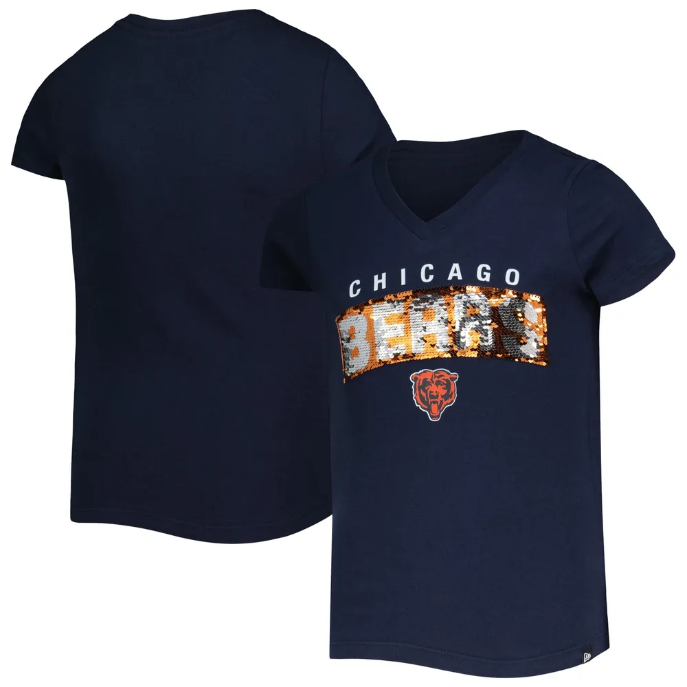 Chicago Bears New Era Girls Youth Reverse Sequin Wordmark V-Neck T-Shirt - Navy