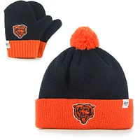 Bonnet en tricot à revers Bam Bam des Chicago Bears bleu marine/orange pour bébé '47 avec pompons et ensemble de mitaines