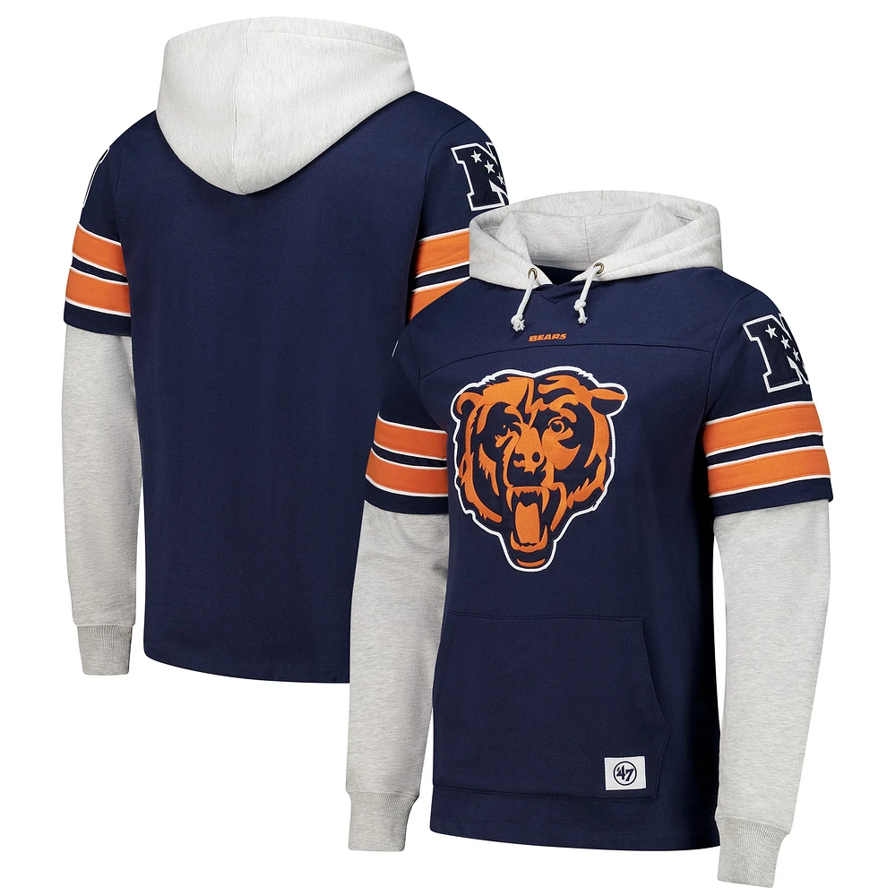 Men's '47 Navy Chicago Bears Double Header Blitz Cornerback Pullover Hoodie