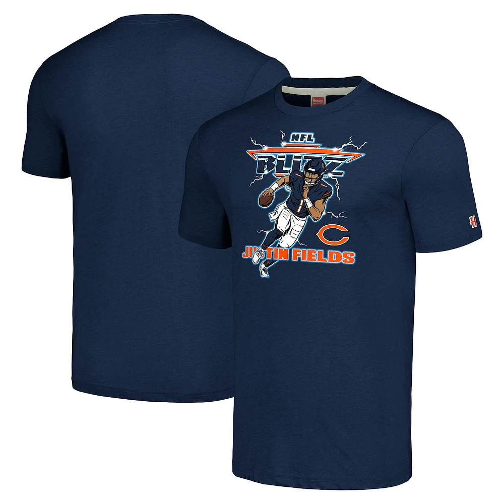 T-shirt à trois mélanges pour hommes, hommage Justin Fields, bleu marine chiné, Chicago Bears, NFL Blitz Player