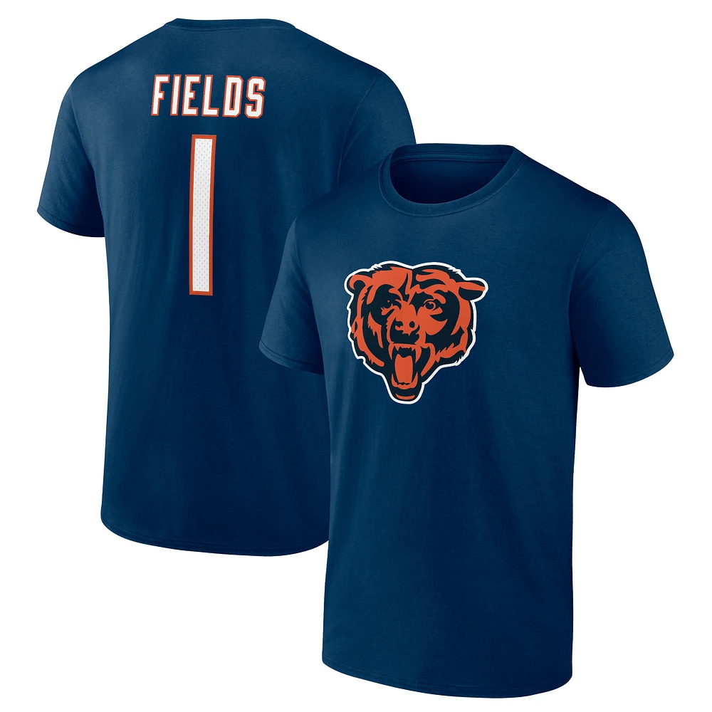 T-shirt bleu marine Justin Fields pour homme avec logo joueur des Chicago Bears