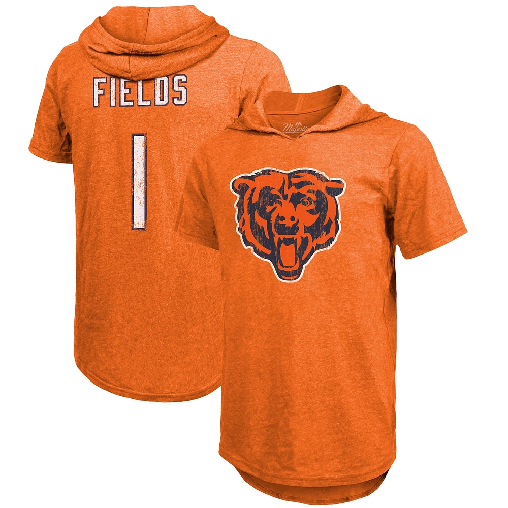 Men's Justin Fields Orange Chicago Bears Player Name & Number Tri-Blend Short Sleeve Hoodie T-Shirt