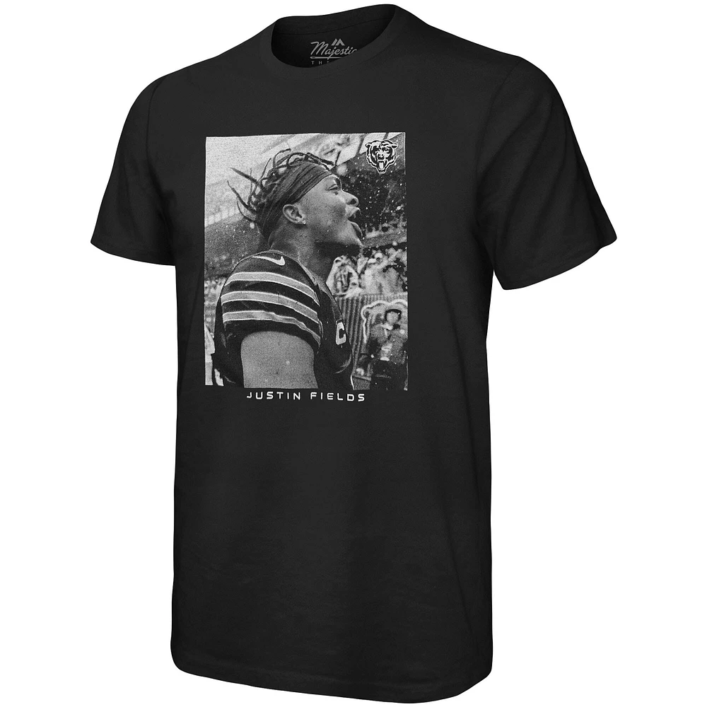 T-shirt surdimensionné avec image de joueur Majestic Threads Justin Fields des Chicago Bears pour hommes, noir